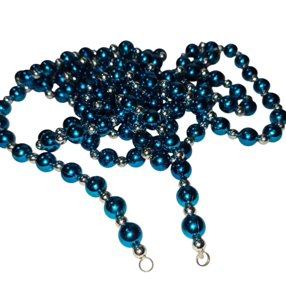 Vitange Bead Garland Holiday Decor Blue Silver 9ft x 5 Strands Metallic Festive